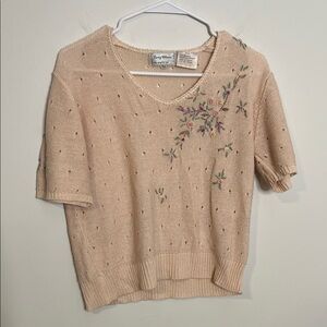 Embroidered Knit t shirt Sweater v neck blouse top vintage hip length